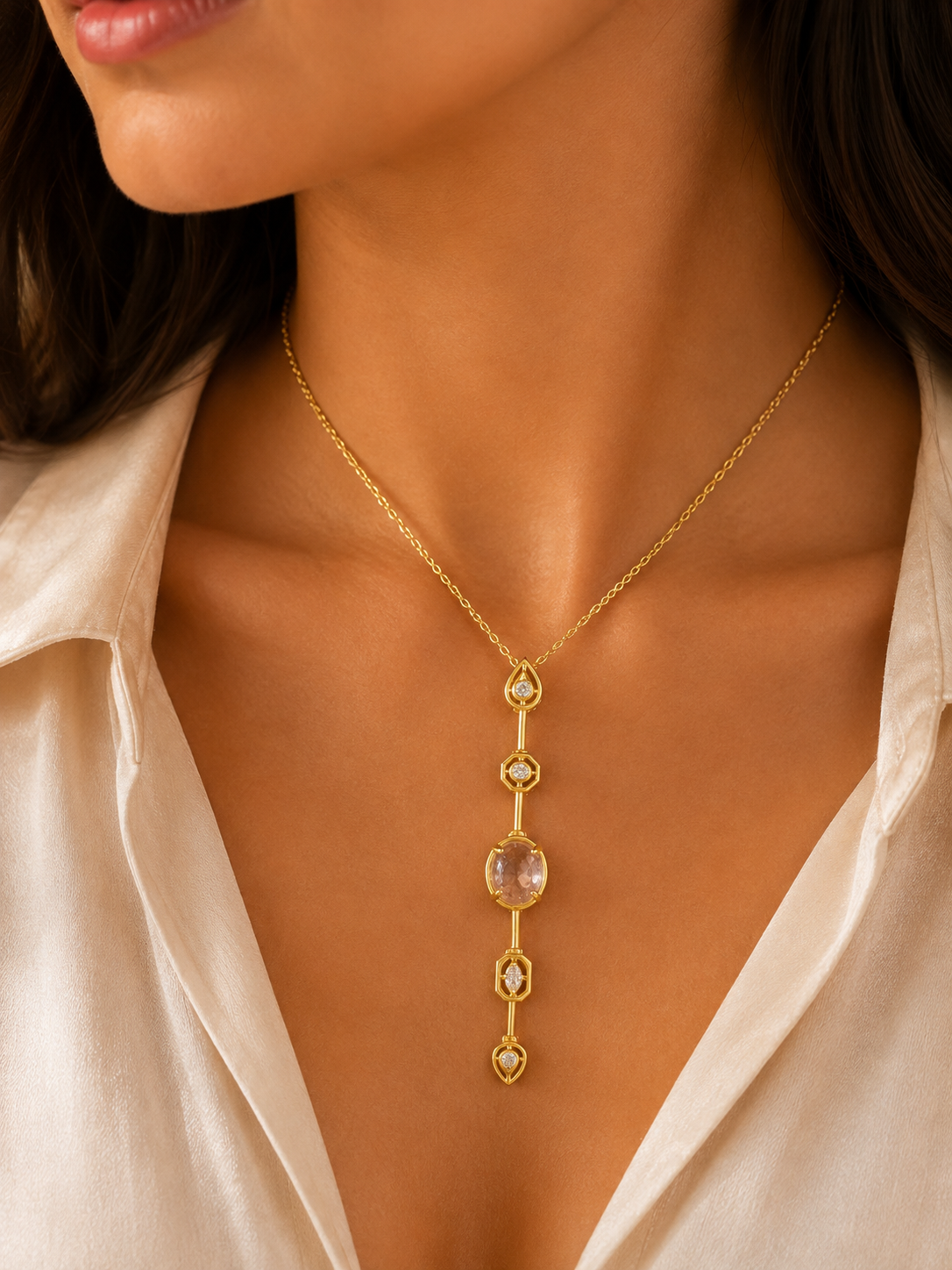 Diamond Shaped Necklace - Pink Stone