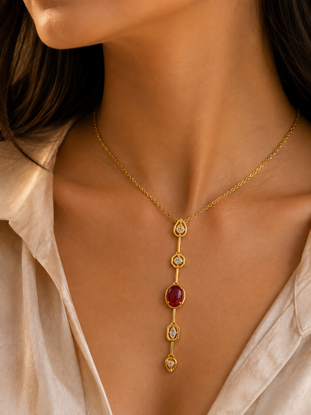 Diamond Shaped Necklace - Red Stone