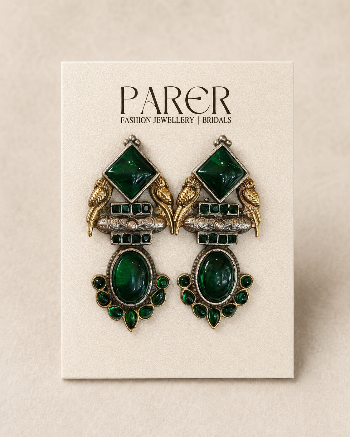 Peacock Stone Oxidised Earrings - Forest Green