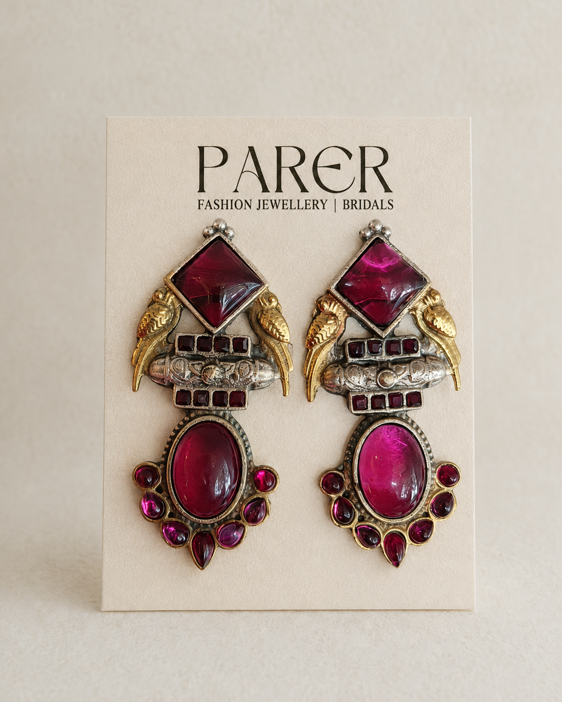 Peacock Stone Oxidised Earrings - Rani Pink