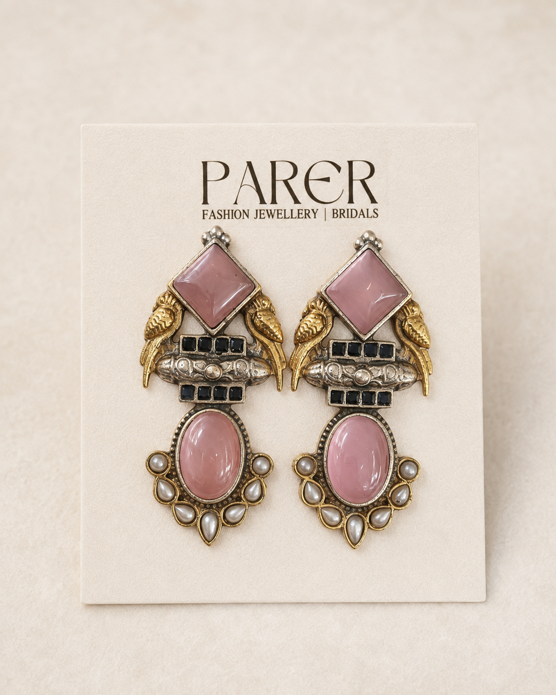 Peacock Stone Oxidised Earrings - Baby Pink