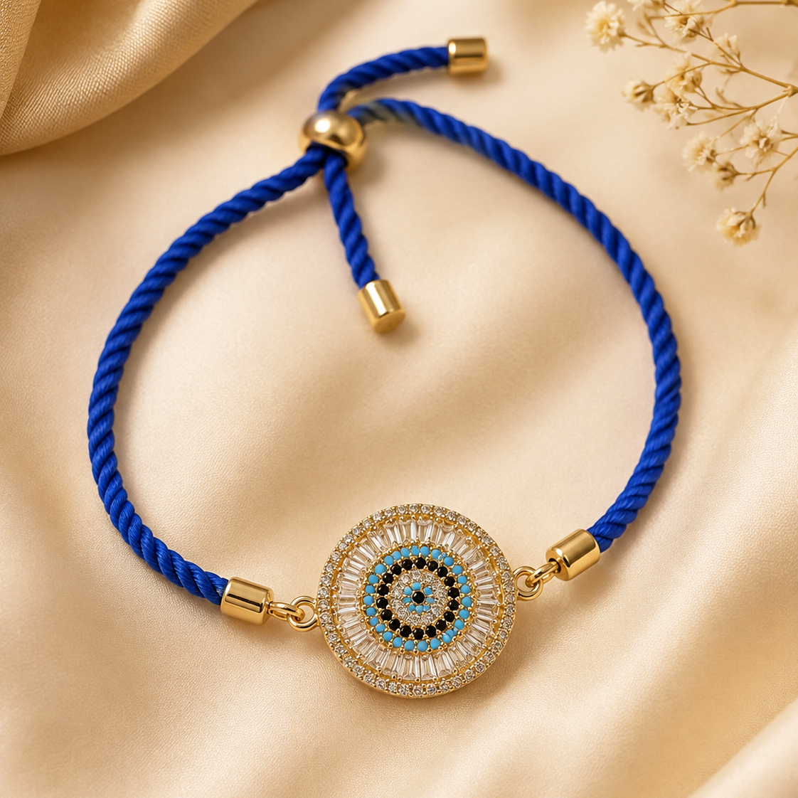 A blue braided cord bracelet with a gold-tone circular evil eye charm, displayed on a beige satin fabric background with dried flowers.