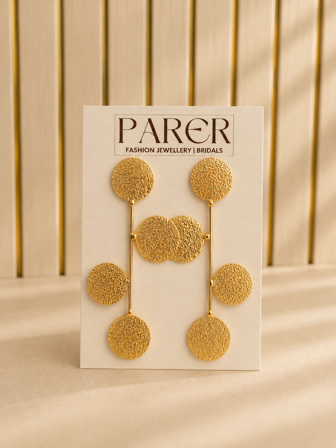 Gold Textured Disc Long Drop Earrings