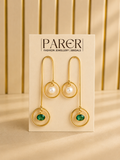 Gold Green Stone and Pearl Long Drop Earrings