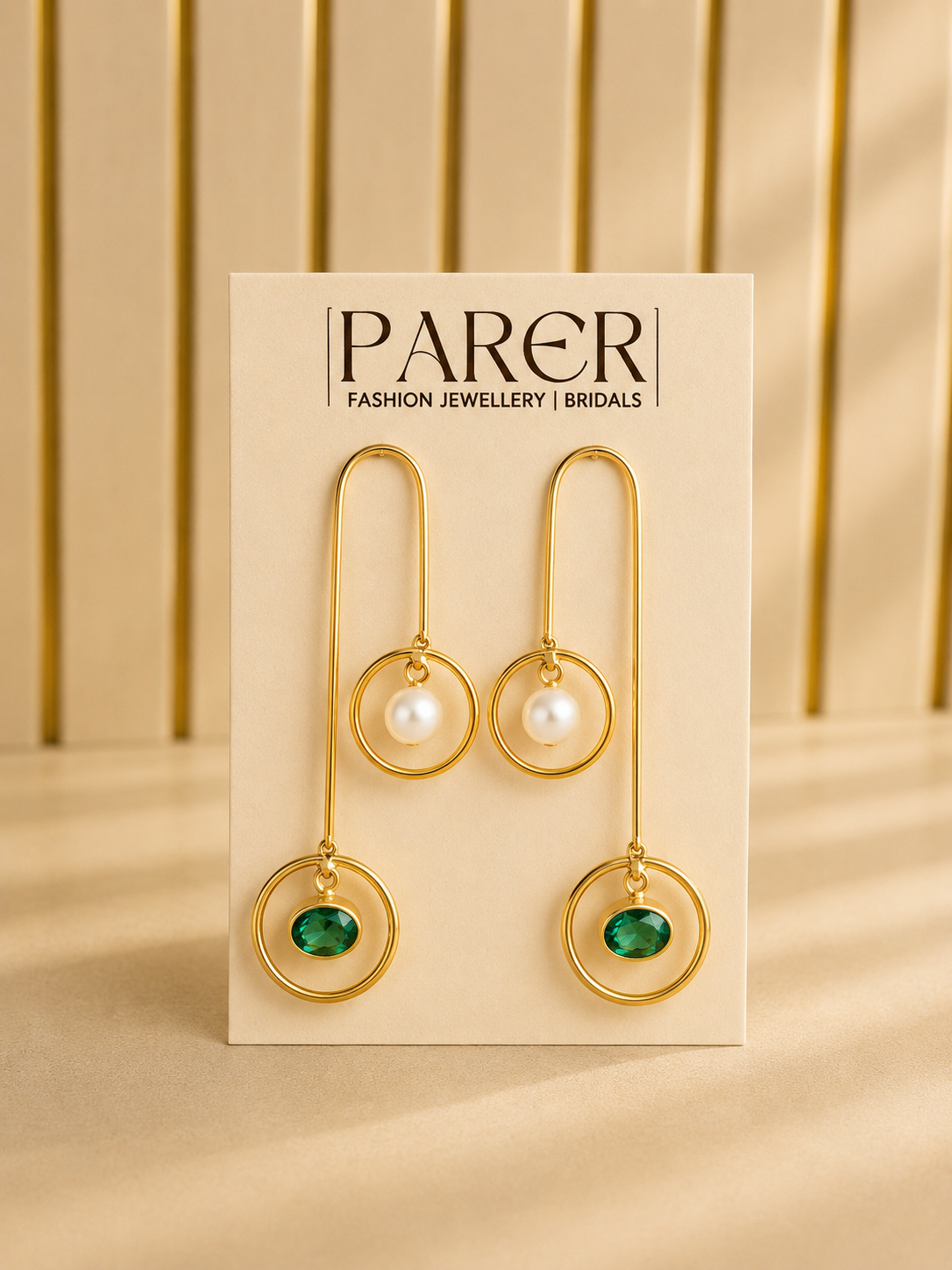 Gold Green Stone and Pearl Long Drop Earrings